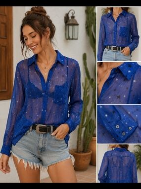 Express Blue Sheer Star Print Blouse Boho Chic Y2K Festival Top M